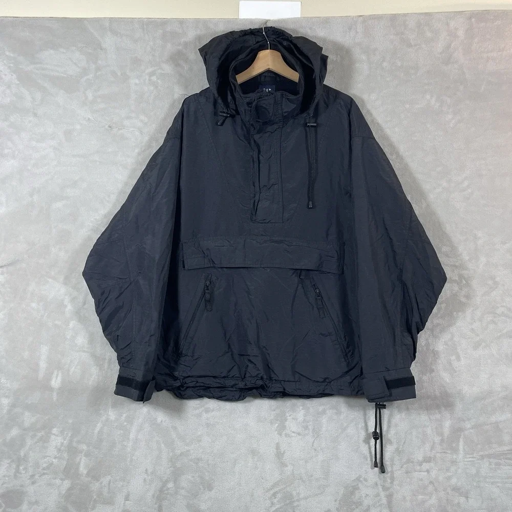 Vtg GAP Anorak Smock Jacket Mens Large Black Rain Ripstop Pullover Hooded Y2K
